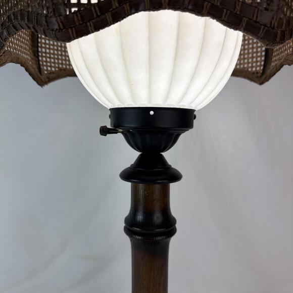 Vintage 70's Tropical BAMBOO LAMP Wicker Shade White Glass Globe Boho Chic - Picture 3 of 15